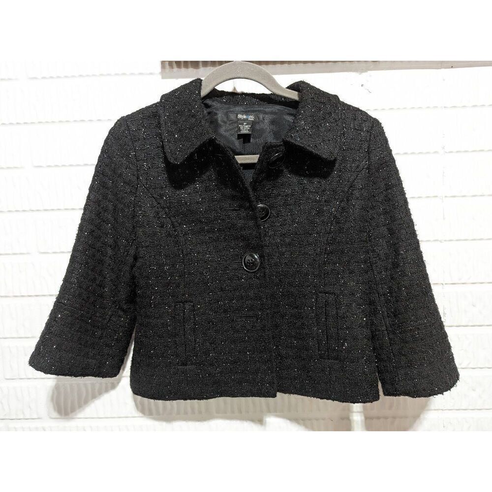 Style & Co Womens Metallic Black Sparkle Button Front Cropped Blazer Jacket 2P